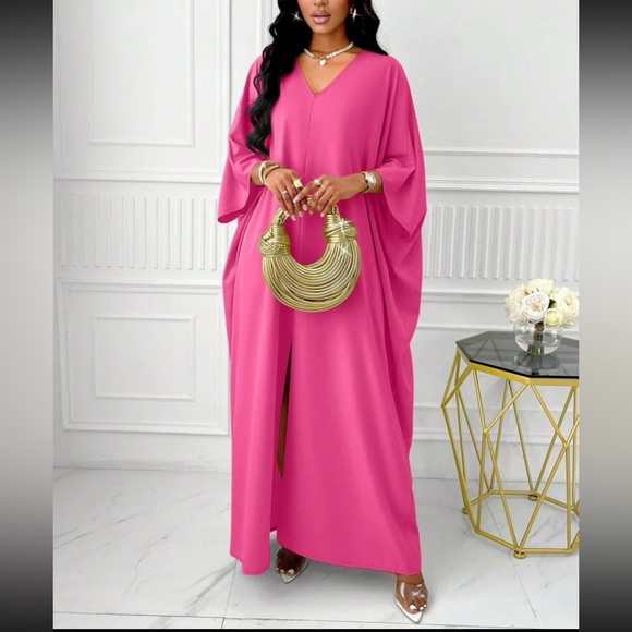 Luxe batwing sleeve V neck slit front khaftan dress - Picture 12 of 16
